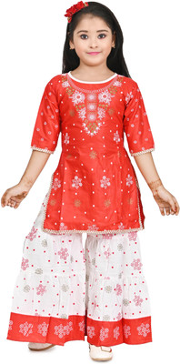 Nissan Creation Girls Festive & Party Kurta and Palazzo Set(Red Pack of 1)