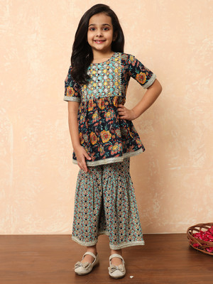 Readiprint Fashions Girls Festive & Party Kurta and Palazzo Set(Blue Pack of 1)