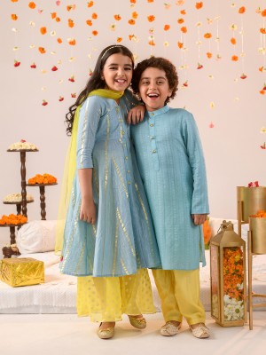 Pspeaches Girls Festive & Party Kurta, Pyjama & Dupatta Set(Grey Pack of 1)