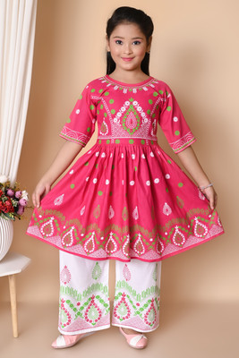 Jbegam Girls Casual Kurta and Palazzo Set(Pink Pack of 1)