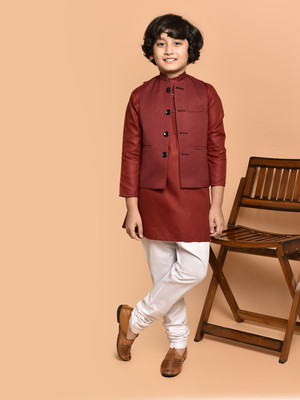 PRINTCULTR Boys Festive & Party Kurta, Waistcoat and Pyjama Set(Red Pack of 3)
