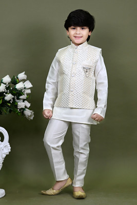 BT DEZINES Boys Festive & Party, Wedding Kurta, Waistcoat and Pyjama Set(White Pack of 1)