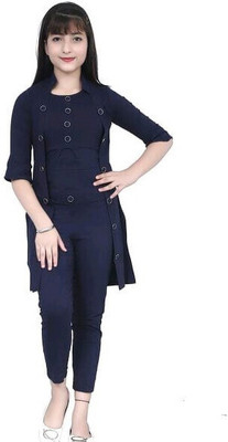 PERFECTPIVOT Girls Festive & Party Ethnic Jacket, Kurta and Dhoti Pant Set(Dark Blue Pack of 1)