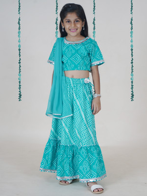 KiddoPanti Girls Festive & Party Top and Skirt Set(Blue Pack of 1)