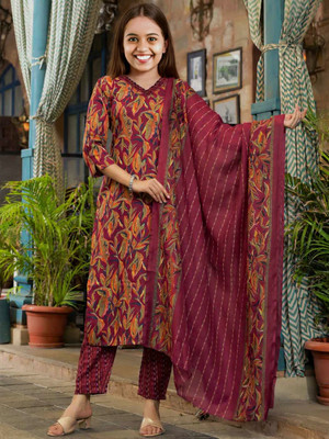 Samadhvi Girls Casual Churidar and Dupatta Set(Red Pack of 1)