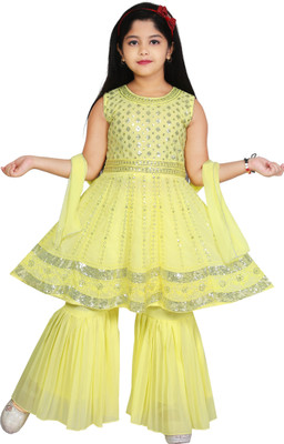 jl fashion Girls Festive & Party Angarkha and Sharara Set(Yellow Pack of 1)
