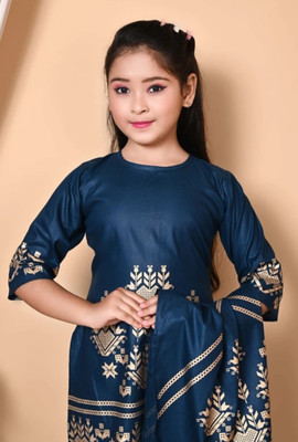 RKNAJ Girls Festive & Party Kurta, Churidar & Dupatta Set(Maroon Pack of 1)