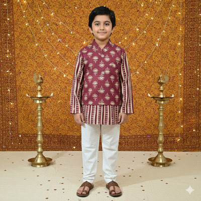Rangi Saga Boys Festive & Party, Wedding Kurta, Waistcoat and Pyjama Set(Purple Pack of 1)