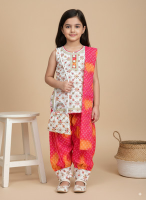 LittleBug Girls Festive & Party Patiala and Dupatta Set(White Pack of 1)