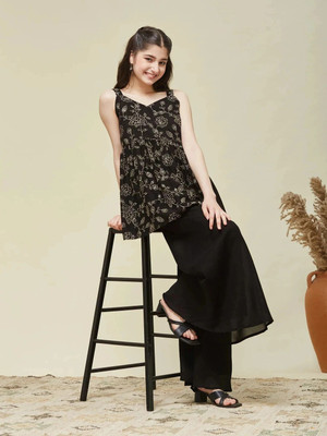 Curly Tales Girls Festive & Party Kurta and Palazzo Set(Black Pack of 1)