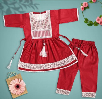 ROSE Baby Girls Festive & Party Kurta and Palazzo Set(Red Pack of 1)
