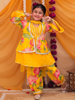 Ishti Girls Festive & Party Kurta, Pyjama & Dupatta Set(Yellow Pack of 1)