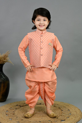 BT DEZINES Boys Festive & Party, Wedding Kurta, Waistcoat and Dhoti Pant Set(Orange Pack of 1)