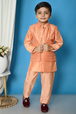 Bright Garments Dresses Boys Festive & Party Kurta, Waistcoat and Pyjama Set(Orange Pack of 1)