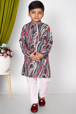 SelfiCollection Boys Festive & Party Kurta and Pyjama Set(Blue Pack of 1)