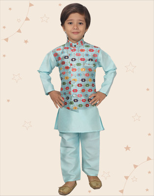 Kidotsav Boys Festive & Party Kurta, Waistcoat and Pyjama Set(Blue Pack of 1)