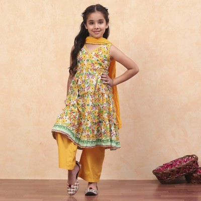 BIBA Girls Casual Kurta and Palazzo Set(Orange Pack of 1)