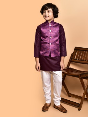 PRINTCULTR Boys Festive & Party Kurta, Waistcoat and Pyjama Set(Purple Pack of 3)