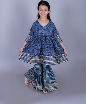 FabJunior Baby Girls Festive & Party Kurta and Pyjama Set(Dark Blue Pack of 1)