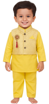 HouseOfCommon Boys Festive & Party Kurta, Waistcoat and Pyjama Set(Yellow Pack of 1)
