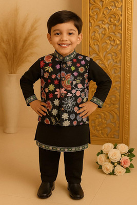 Born Wear Boys Festive & Party, Wedding Kurta, Waistcoat and Pyjama Set(Black Pack of 1)