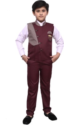 SEMINO Baby Boys Wedding, Festive & Party Shirt, Waistcoat and Pant Set(Maroon Pack of 1)