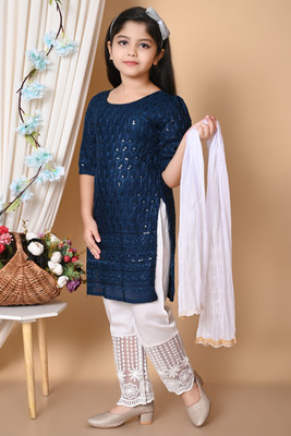 barkatdesigningplanet Girls Festive & Party Kurta, Pyjama & Dupatta Set(Multicolor Pack of 1)