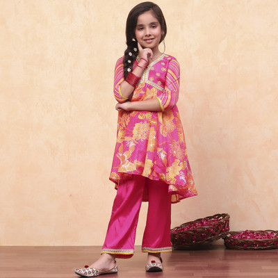 BIBA Girls Casual Kurta and Palazzo Set(Pink Pack of 1)