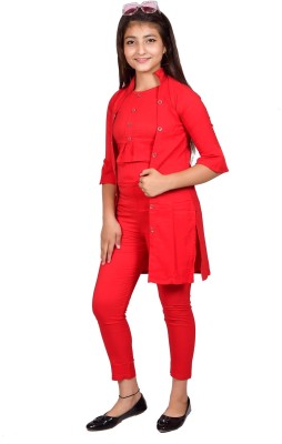 PERFECTPIVOT Girls Casual, Festive & Party, Wedding, Formal Ethnic Jacket, Kurta and Palazzo Set(Red Pack of 1)