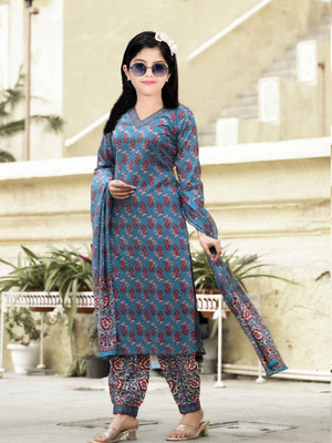 Various Vault Girls Casual Kurta, Churidar & Dupatta Set(Blue Pack of 1)