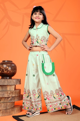 satyamfab Baby Girls Festive & Party Kurta and Palazzo Set(Green Pack of 1)