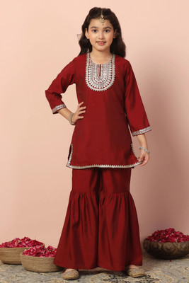 Fashion Dream Girls Festive & Party Kurta and Palazzo Set(Maroon Pack of 1)