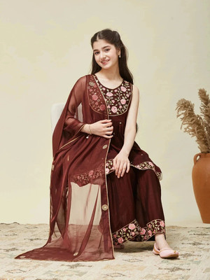 Curly Tales Girls Festive & Party Kurta and Sharara Set(Brown Pack of 1)