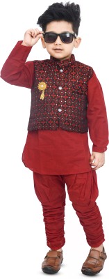 MINZO FASHION Boys Festive & Party Kurta, Waistcoat and Pyjama Set(Red Pack of 1)