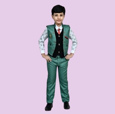 NVH Boys Festive & Party Shirt, Waistcoat and Pant Set(Green Pack of 1)