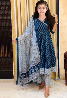 bholukaart Girls Festive & Party Kurta, Pyjama & Dupatta Set(Blue Pack of 1)