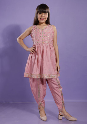 Curly Tales Girls Festive & Party Kurta and Dhoti Pant Set(Pink Pack of 1)