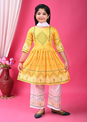 ITC FASHION Girls Festive & Party Kurta and Palazzo Set(Yellow Pack of 1)