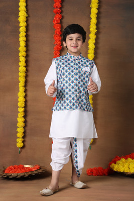 Superminis Boys Festive & Party Ethnic Jacket, Kurta and Dhoti Pant Set(White Pack of 1)