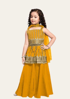 JEVIK CREATION Girls Wedding Kurta and Palazzo Set(Yellow Pack of 1)