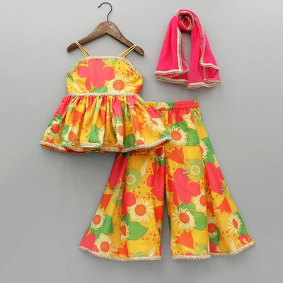 Jervin Baby Girls Festive & Party Kurta, Pyjama & Dupatta Set(Multicolor Pack of 1)