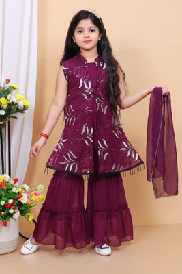 Samshil Fashion Girls Festive & Party Ethnic Jacket, Kurta and Palazzo Set(Purple Pack of 1)