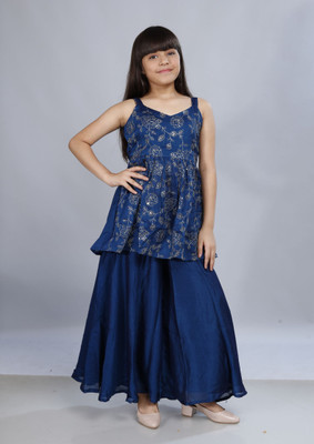 Curly Tales Girls Festive & Party Kurta and Palazzo Set(Blue Pack of 1)