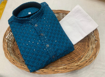 GRATITUDE ROCK Boys Wedding Kurta and Pyjama Set(Blue Pack of 1)