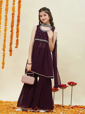 Curly Tales Girls Festive & Party Kurta and Sharara Set(Maroon Pack of 1)