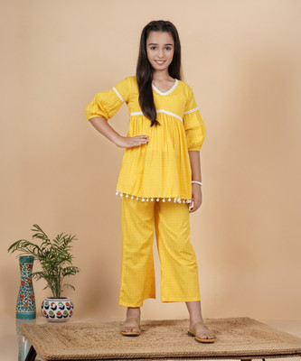 JustShe Girls Festive & Party Kurta and Pyjama Set(Yellow Pack of 1)
