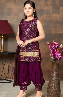 Ayangarments Girls Festive & Party Kurti, Patiala and Dupatta Set(Maroon Pack of 1)
