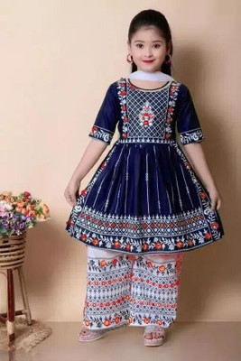 ITC FASHION Girls Festive & Party Kurta and Palazzo Set(Dark Blue Pack of 1)