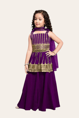 Dhvra Fashion Girls Wedding Kurta and Palazzo Set(Purple Pack of 1)