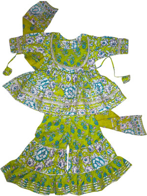 AHAANCREATION Baby Girls Festive & Party Kurta and Trouser Set(Green Pack of 1)